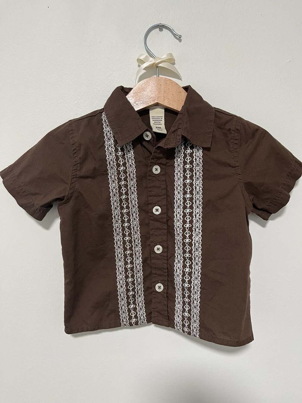 Cherokee Baby Guayabera Shirt Size 6M Brown Embroidered Button Up